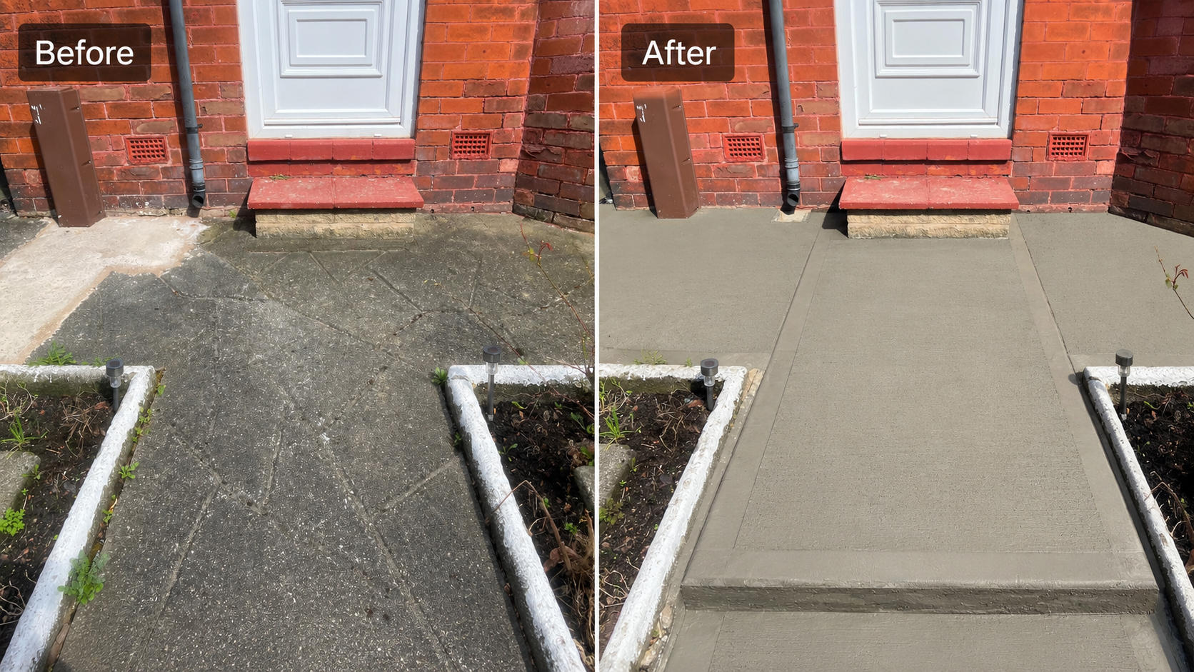Before and after of concrete path repaired in Droylsden