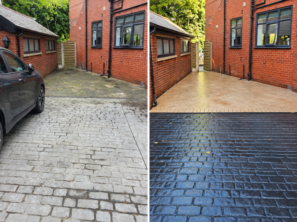 Before and after comparison of driveway extension and re-seal