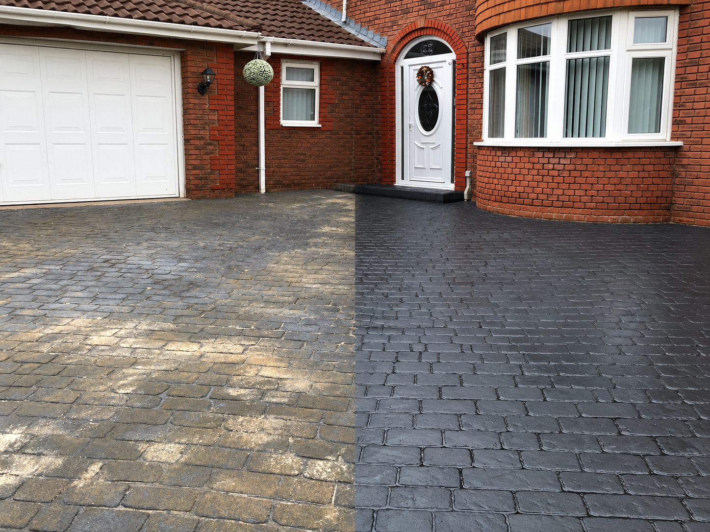 Grey front driveway before and after re-seal