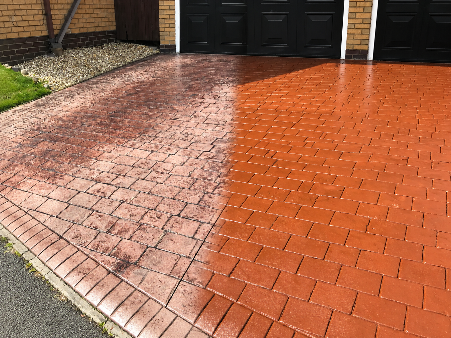 Red concrete driveway before and after re-seal